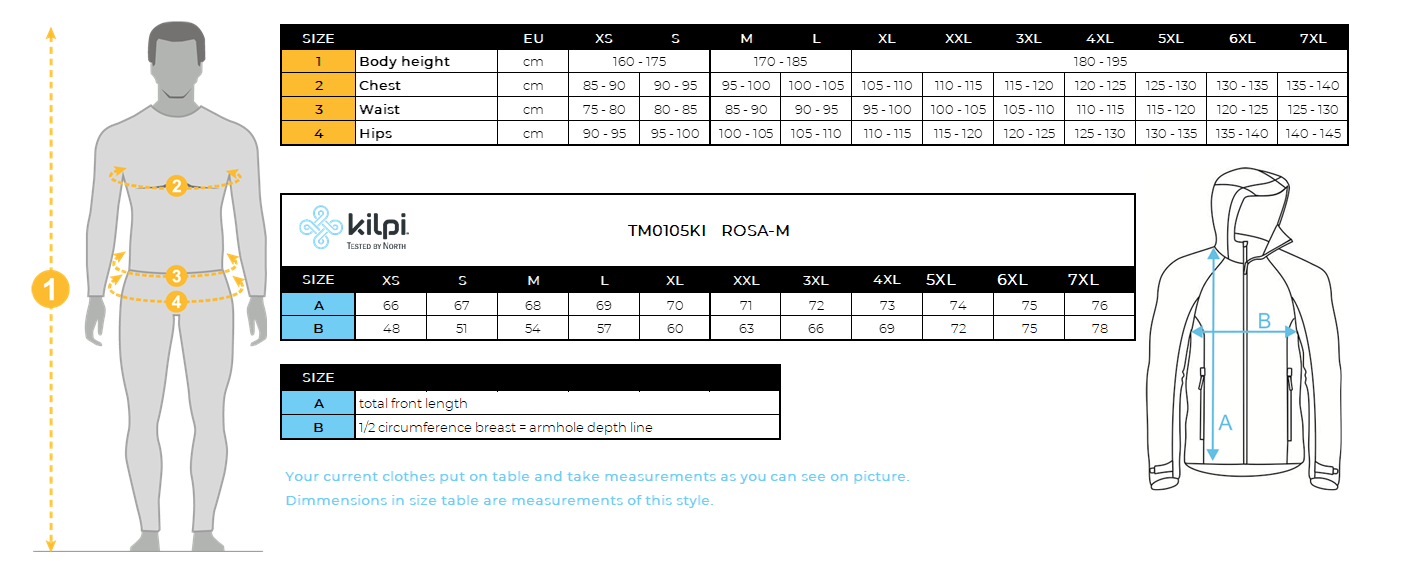 Herren Outdoor- oder Lauf-Windjacke Kilpi ROSA-M – Größentabelle