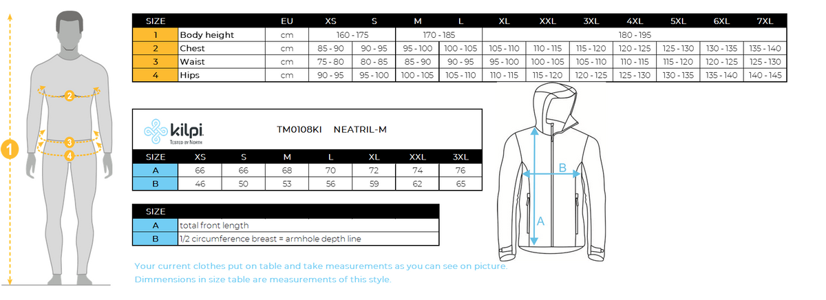 Herren-Laufjacke Kilpi NEATRIL-M – Größentabelle