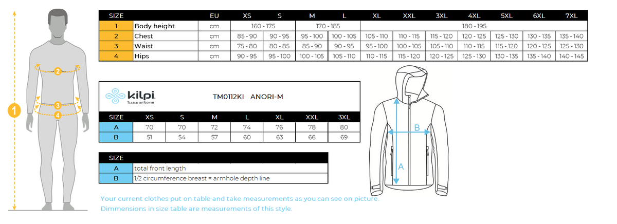 Ultraleichte Herren-Laufjacke Kilpi ANORI-M – Größentabelle