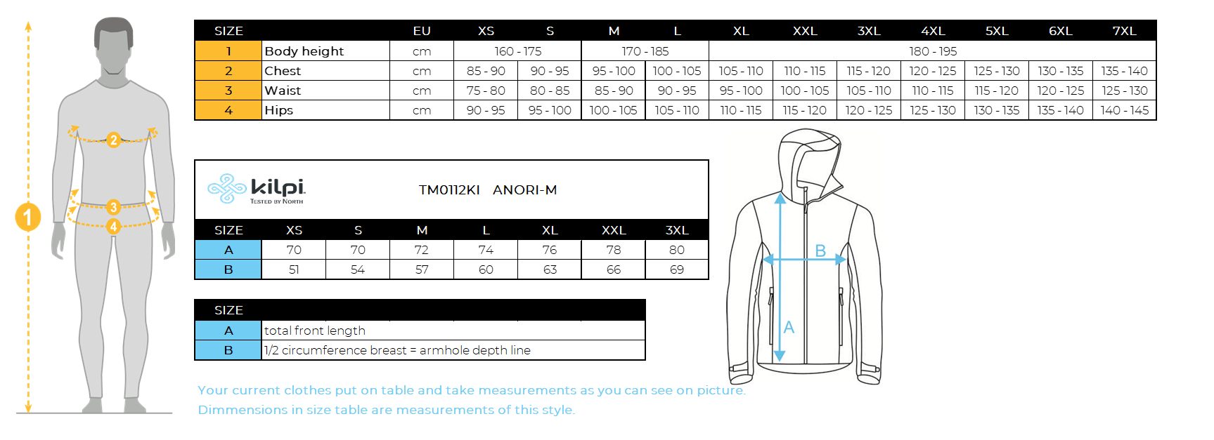 Ultraleichte Herren-Laufjacke Kilpi ANORI-M – Größentabelle
