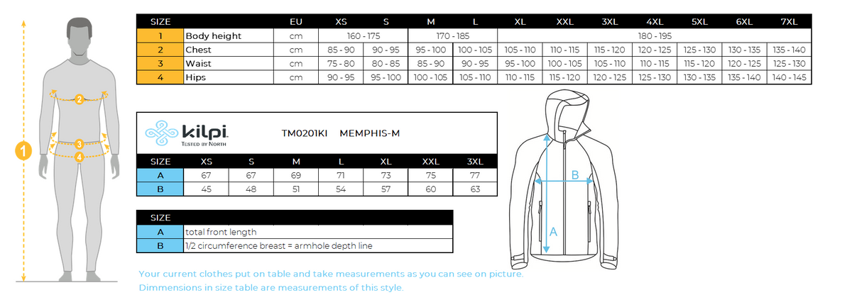 Herren Outdoor-Sweatshirt Kilpi MEMPHIS-M – Größentabelle