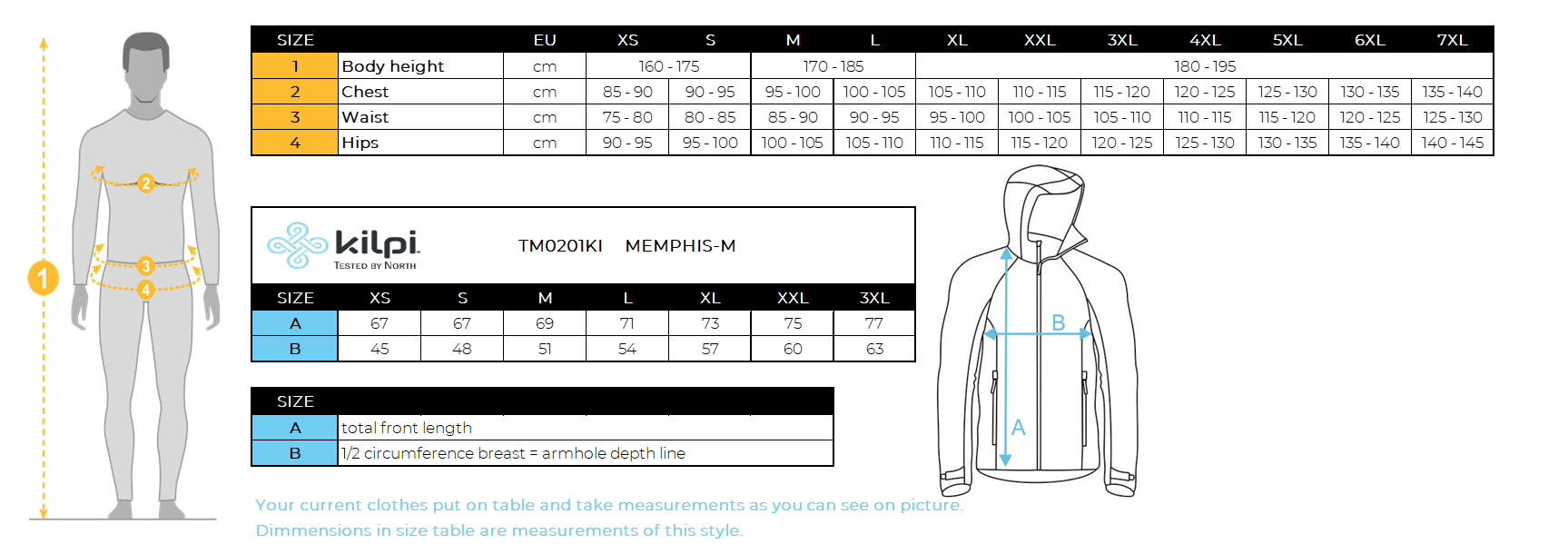 Herren Outdoor-Sweatshirt Kilpi MEMPHIS-M – Größentabelle
