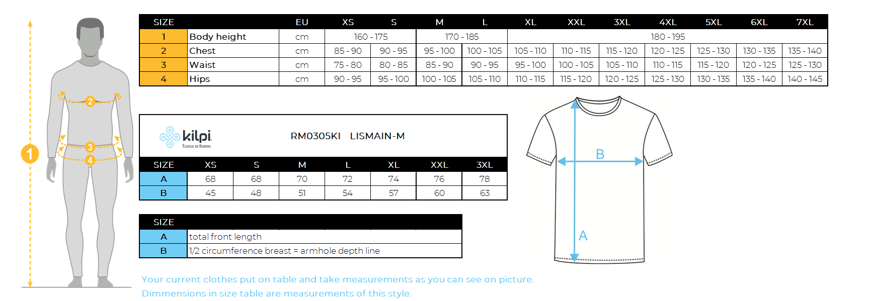 Technisches Herren-T-Shirt Kilpi LISMAIN-M – Größentabelle