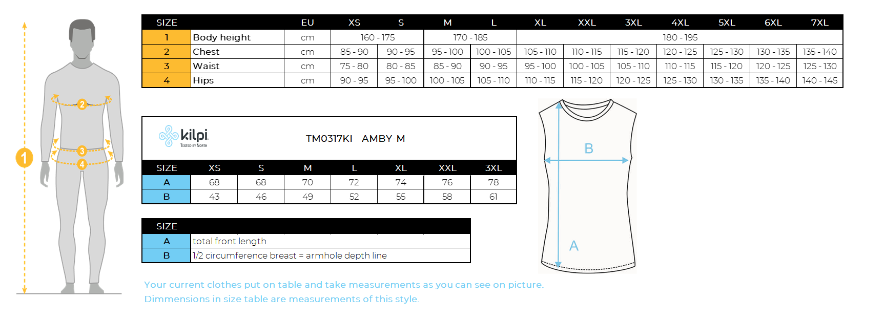 Herren-Laufoberteil Kilpi AMBY-M – Größentabelle