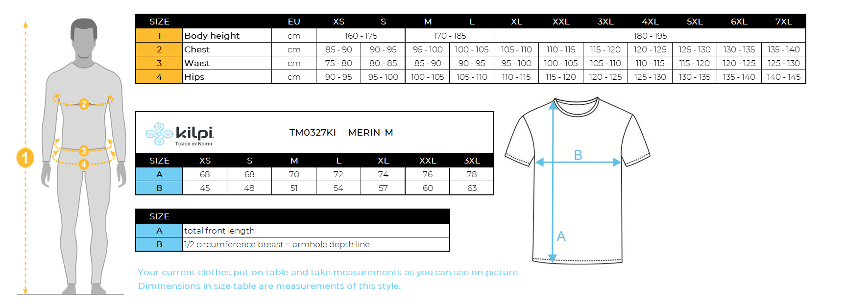 Herren-Merino-T-Shirt Kilpi MERIN-M – Größentabelle