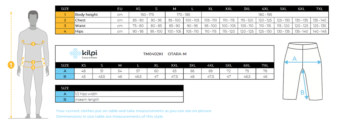 Herren Outdoor-Shorts Kilpi OTARA-M – Größentabelle