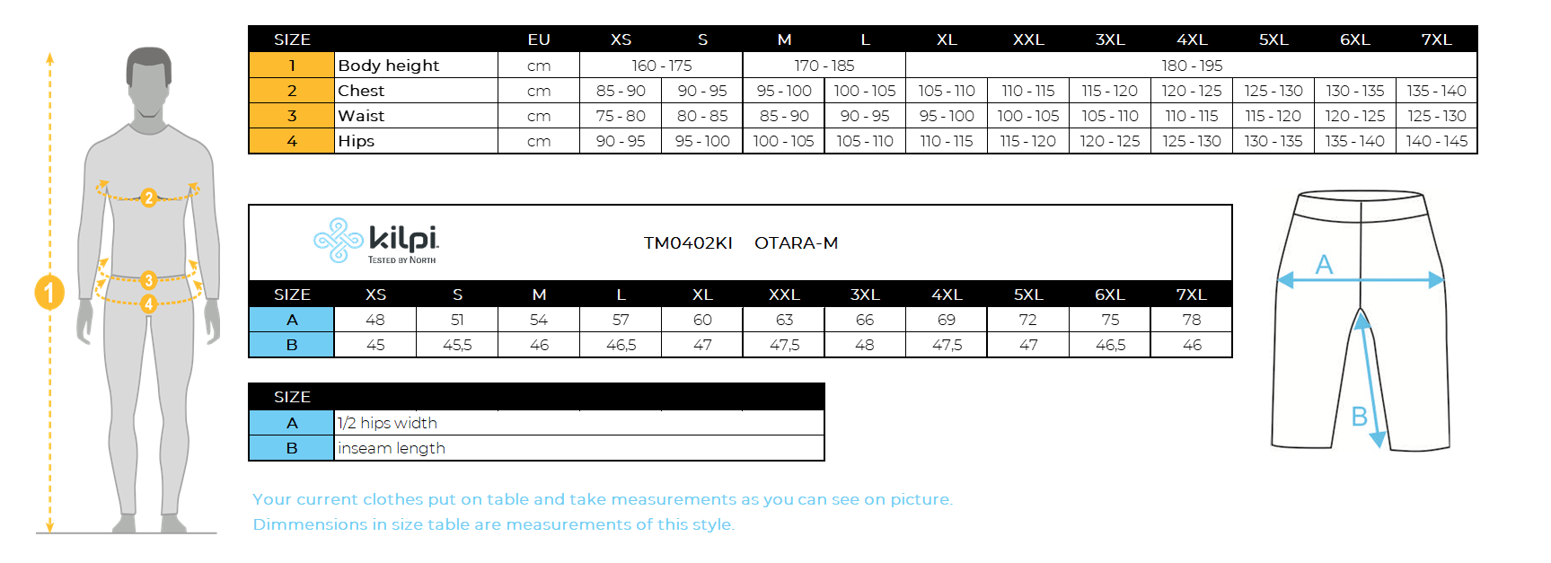 Herren Outdoor-Shorts Kilpi OTARA-M – Größentabelle