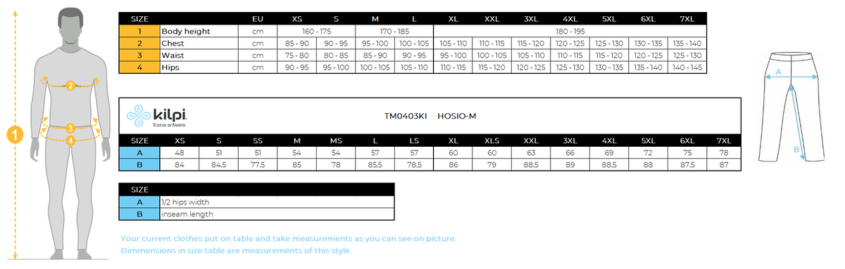 Herren Outdoorhose Kilpi HOSIO-M – Größentabelle