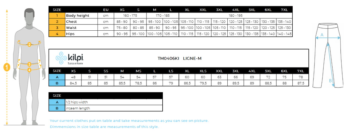 Herren Outdoorhose Kilpi LIGNE-M – Größentabelle
