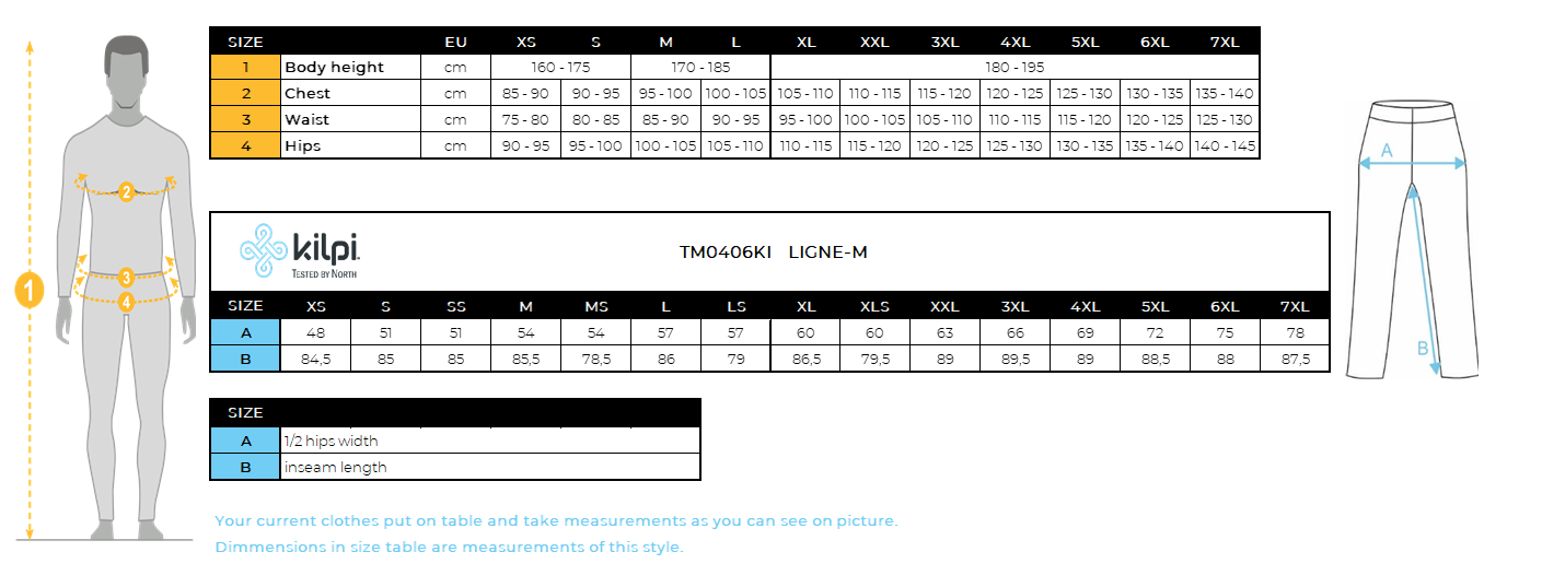 Herren Outdoorhose Kilpi LIGNE-M – Größentabelle