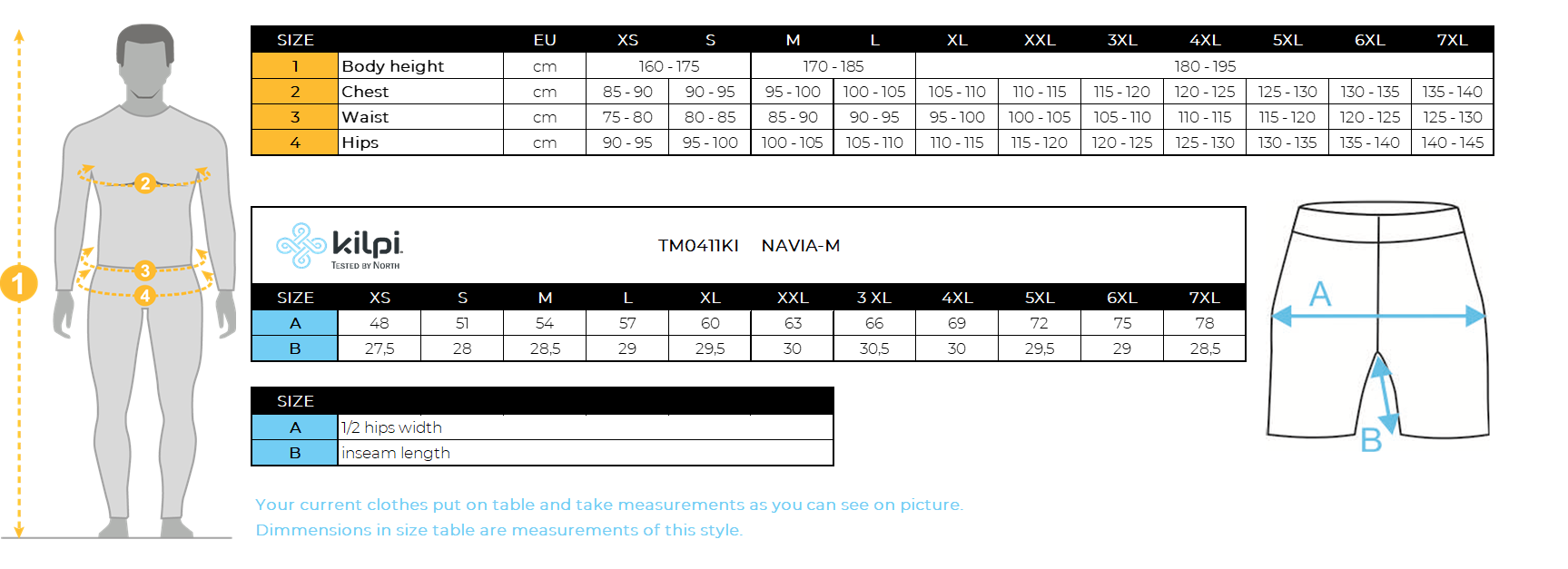 Herren-Outdoor-Shorts Kilpi NAVIA-M – Größentabelle