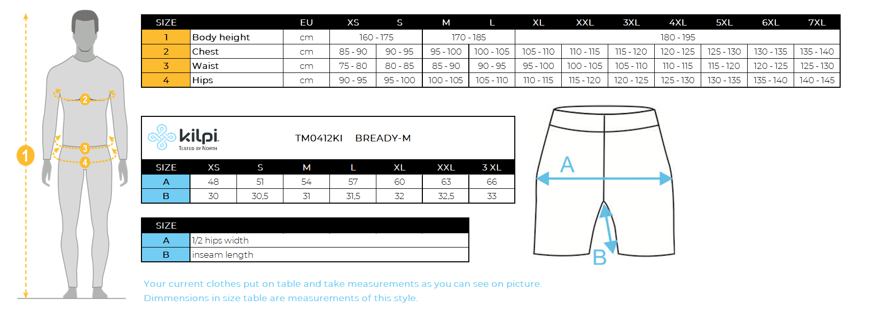 Men´s outdoor pants Kilpi BREADY-M – Size chart