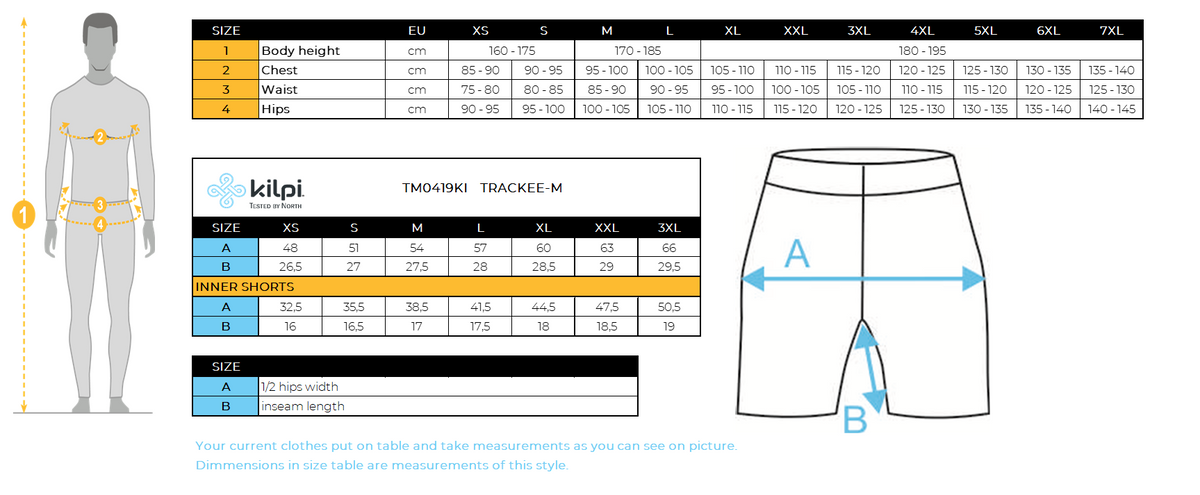 Herren-Radhose Kilpi TRACKEE-M – Größentabelle