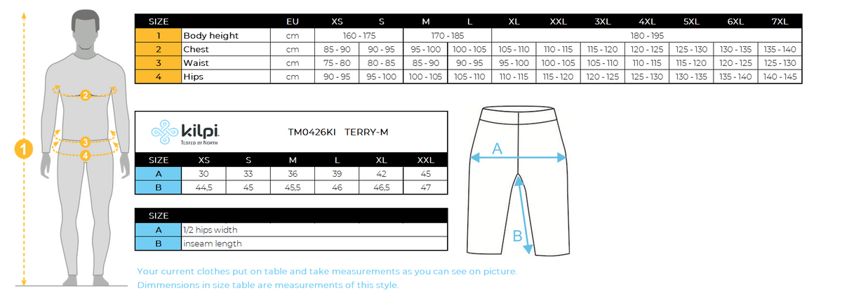 Men´s running leggings Kilpi TERRY-M – Size chart