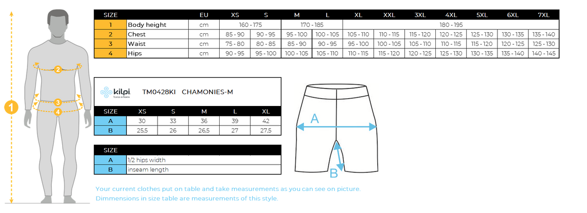 Herren Laufshorts Kilpi CHAMONIES-M – Größentabelle