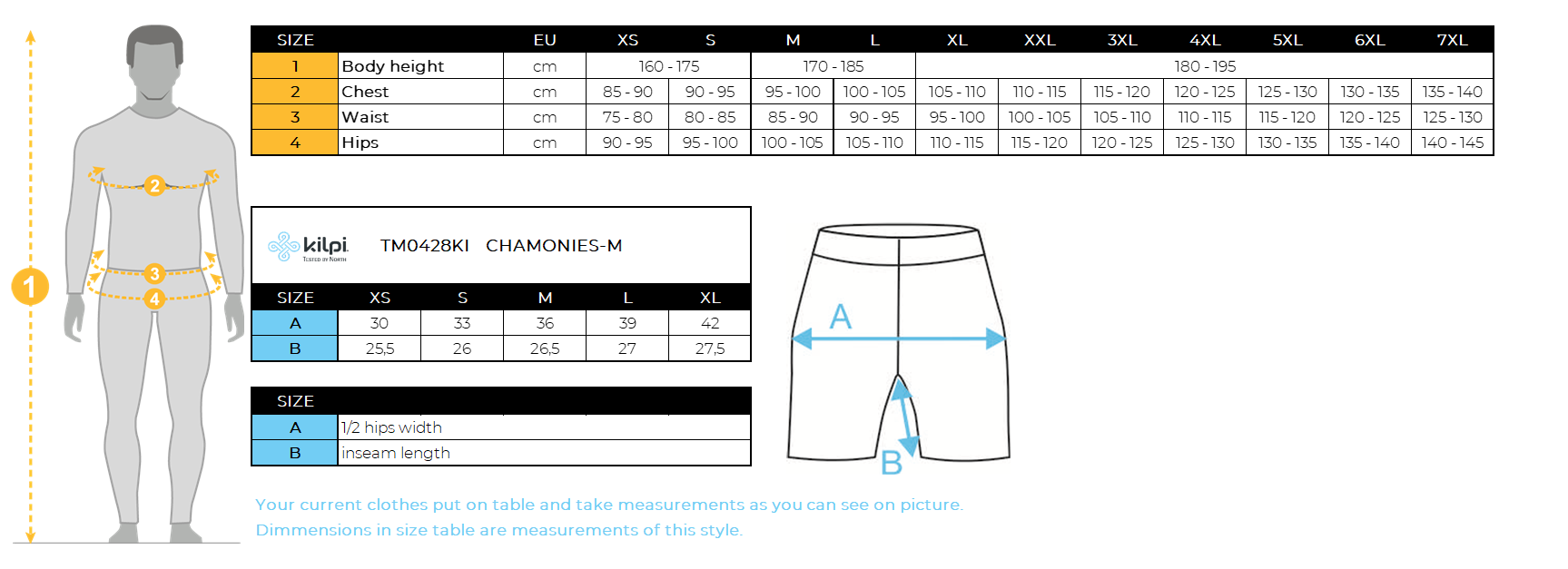 Herren Laufshorts Kilpi CHAMONIES-M – Größentabelle