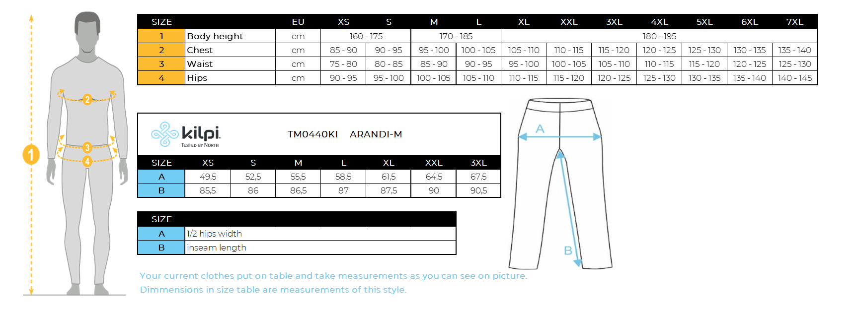 Herren Outdoorhose Kilpi ARANDI-M – Größentabelle