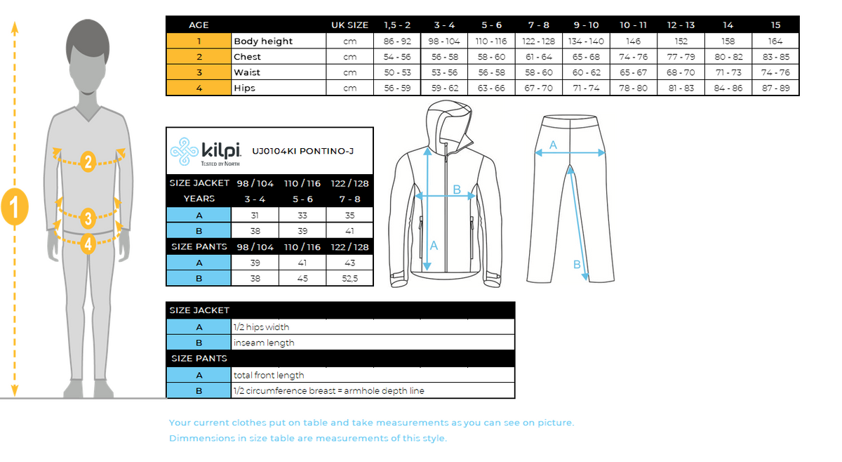 Kinder-Skioverall Kilpi PONTINO-J – Größentabelle