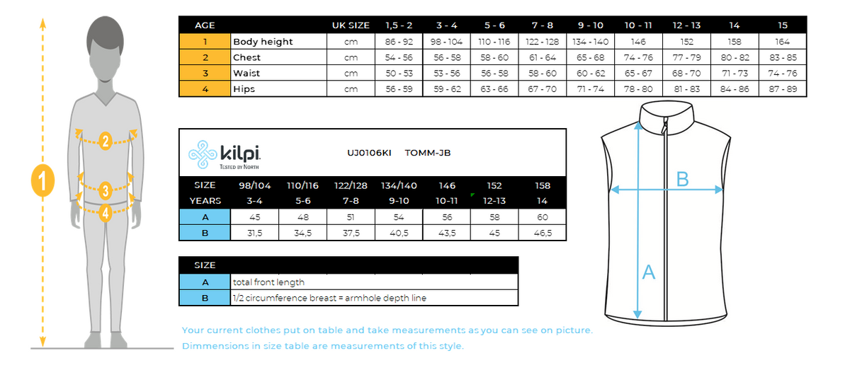 Kid´s insulated vest Kilpi TOMM-JB – Size chart