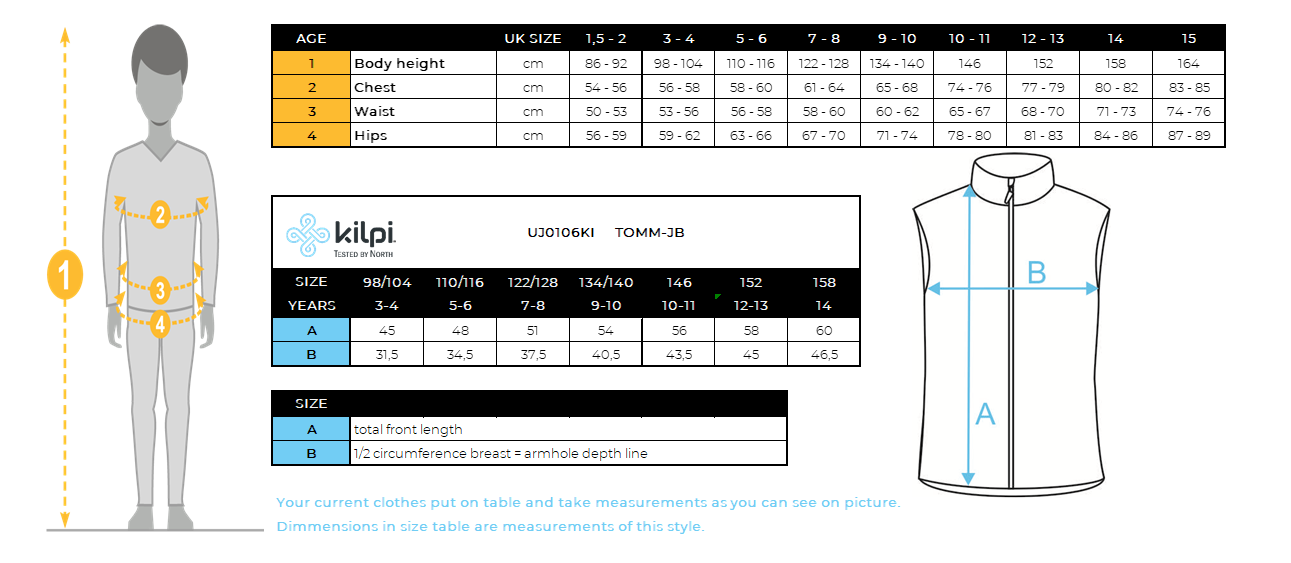 Kid´s insulated vest Kilpi TOMM-JB – Size chart