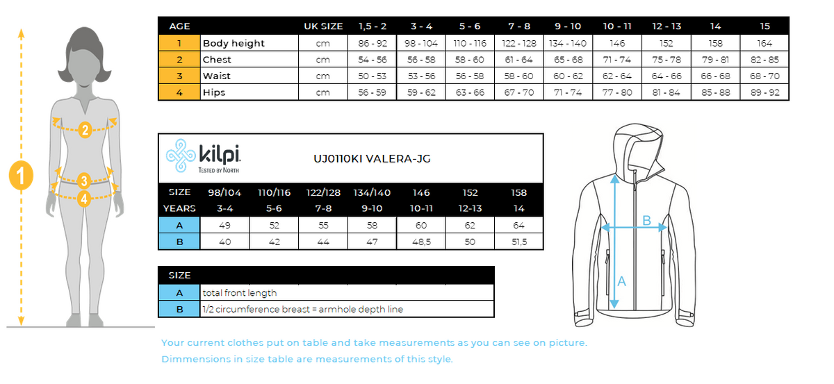 Mädchen-Skijacke Kilpi VALERA-JG – Größentabelle