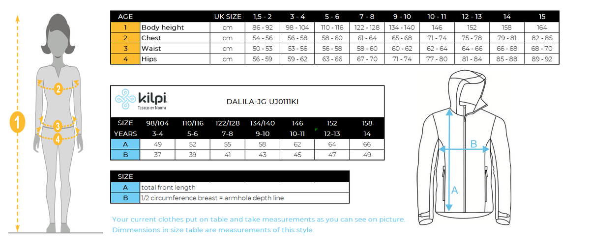 Mädchen-Skijacke Kilpi DALILA-JG – Größentabelle