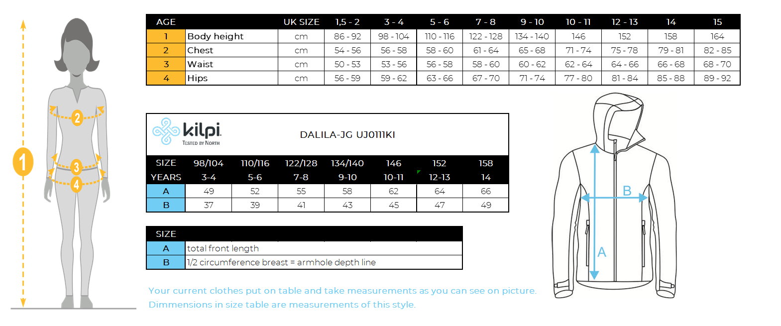 Mädchen-Skijacke Kilpi DALILA-JG – Größentabelle