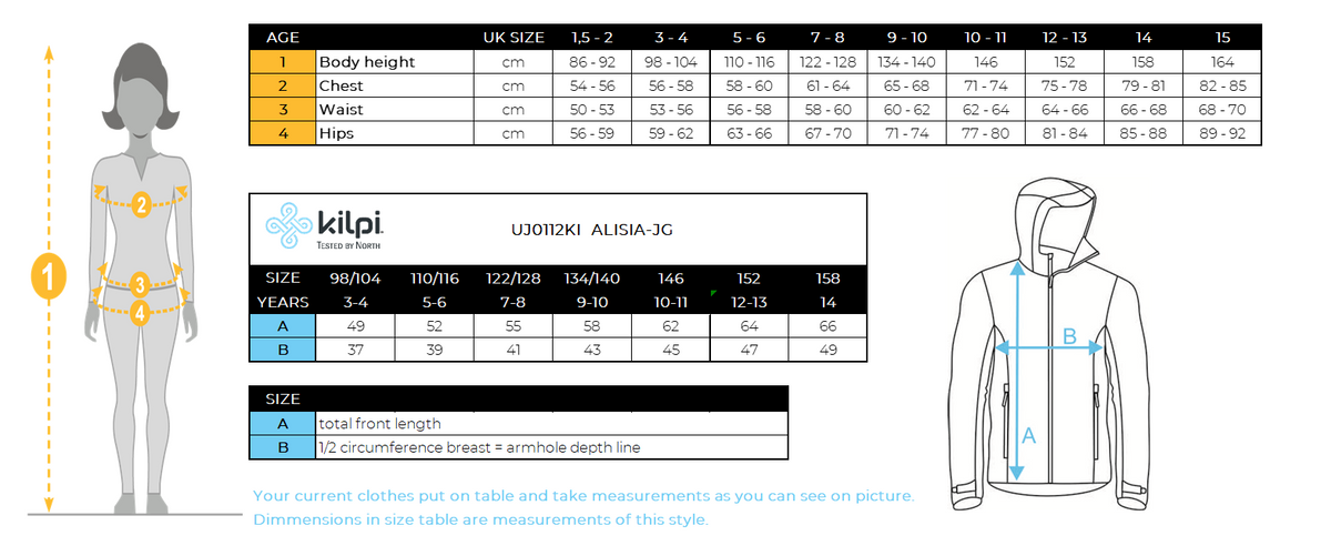 Girl´s ski jacket Kilpi ALISIA-JG – Size chart