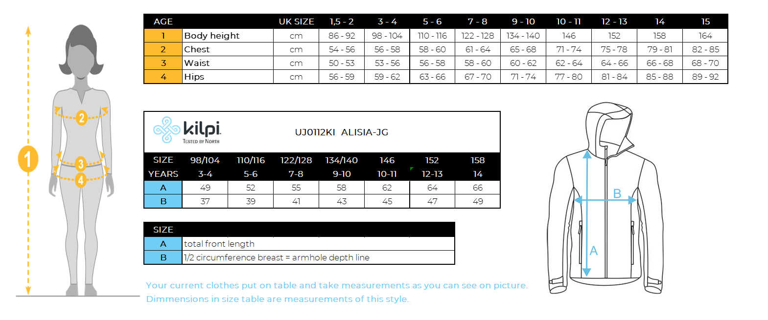 Girl´s ski jacket Kilpi ALISIA-JG – Size chart