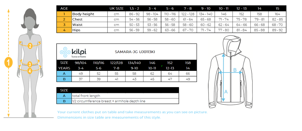 Girl´s ski jacket Kilpi SAMARA-JG – Size chart