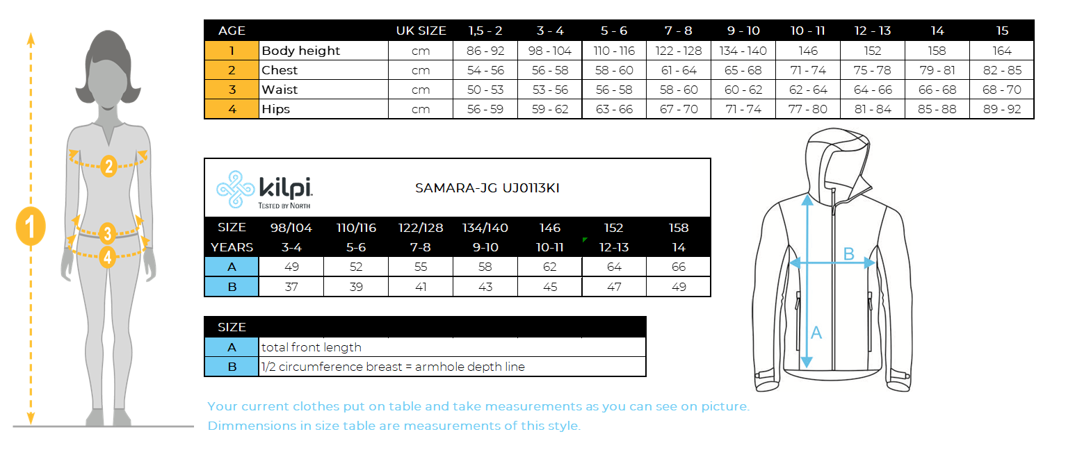 Girl´s ski jacket Kilpi SAMARA-JG – Size chart
