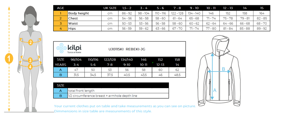 Kid´s insulated jacket Kilpi REBEKI-JG – Size chart
