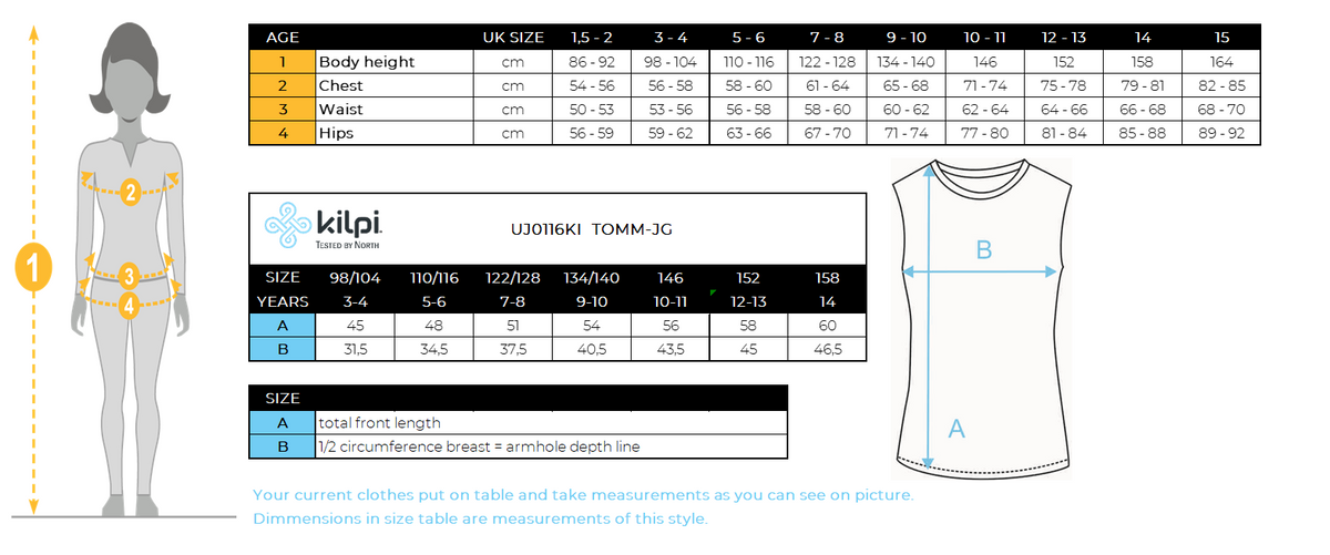 Isolierte Kinderweste Kilpi TOMM-JG – Größentabelle
