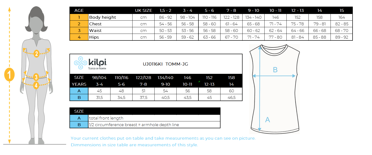 Isolierte Kinderweste Kilpi TOMM-JG – Größentabelle