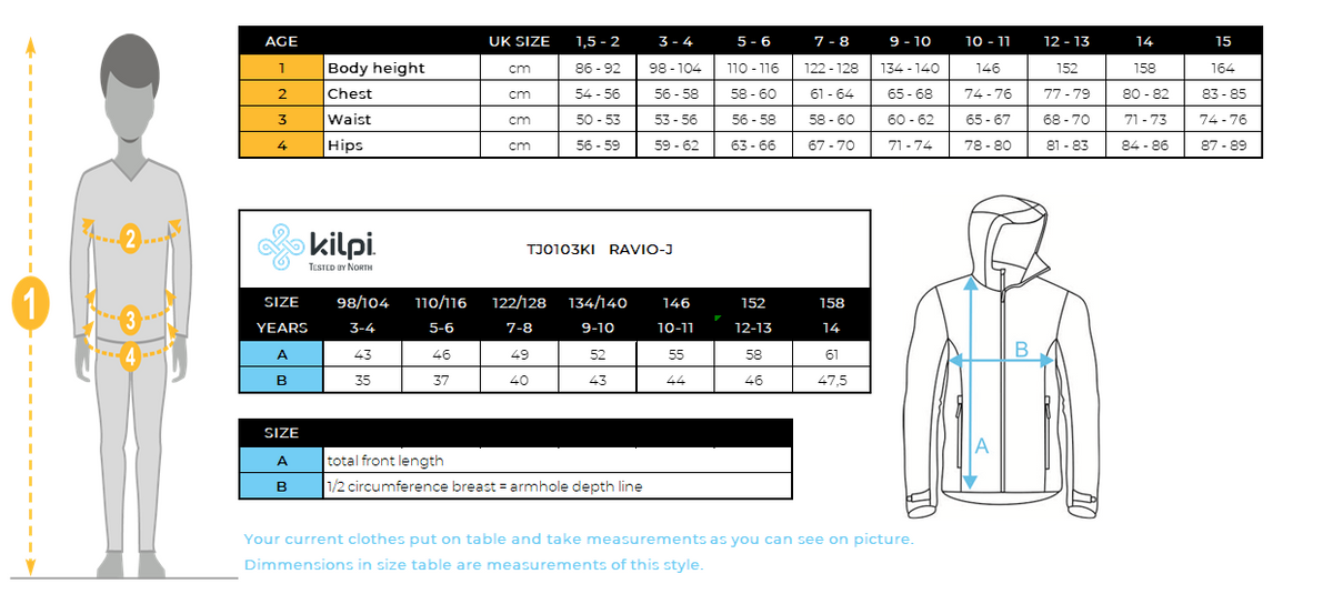 Jungen-Softshelljacke Kilpi RAVIO-J – Größentabelle