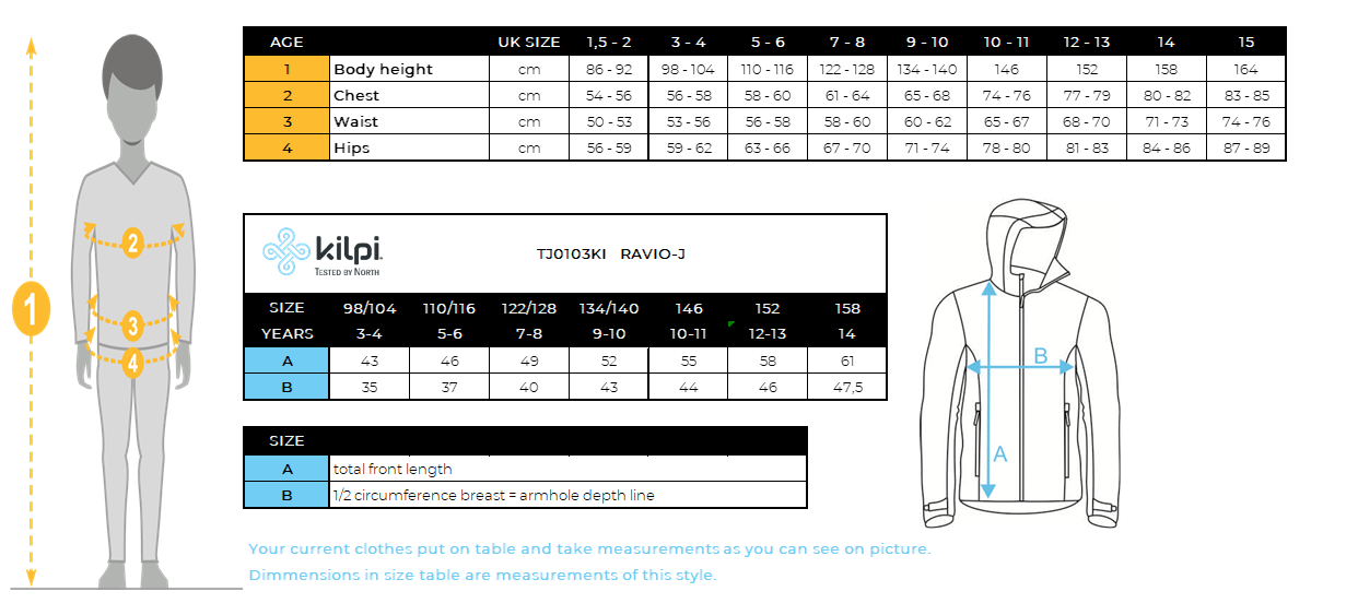 Jungen-Softshelljacke Kilpi RAVIO-J – Größentabelle