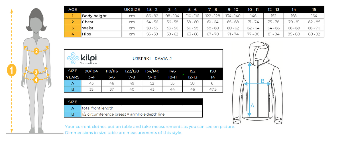 Girl´s softshell jacket Kilpi RAVIA-J – Size chart