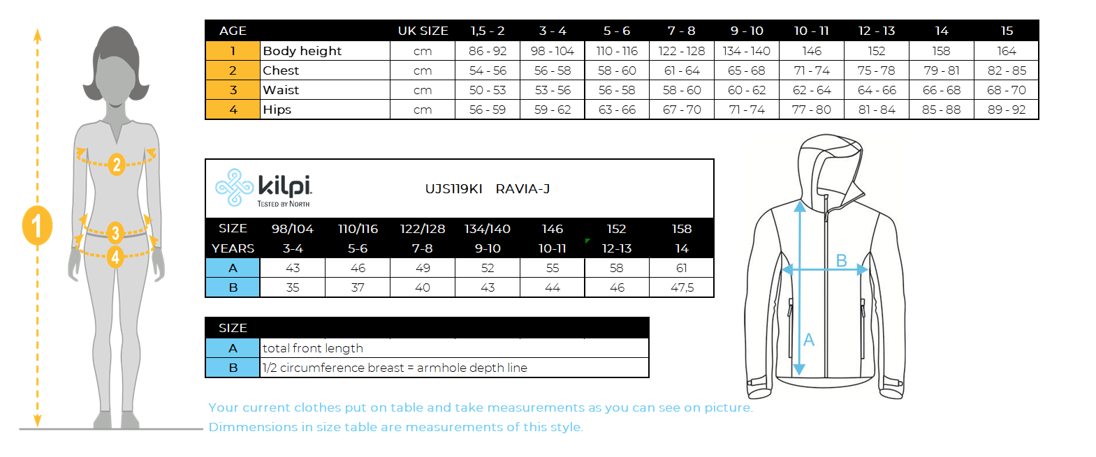 Girl´s softshell jacket Kilpi RAVIA-J – Size chart