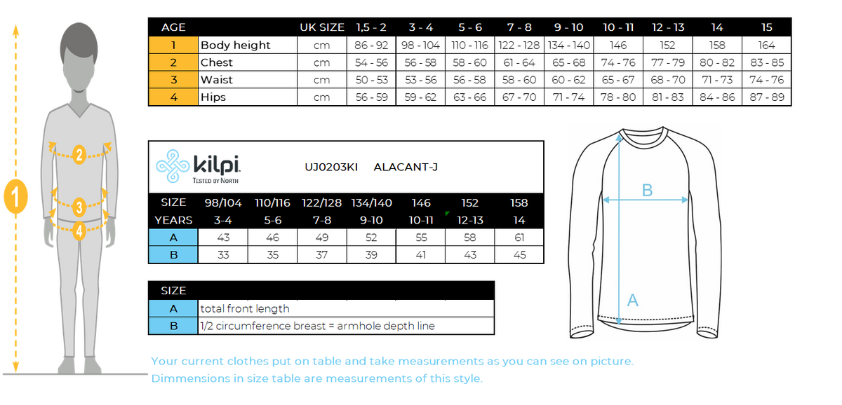 Kinder-Fleece-Mittelschicht Kilpi ALACANT-J – Größentabelle