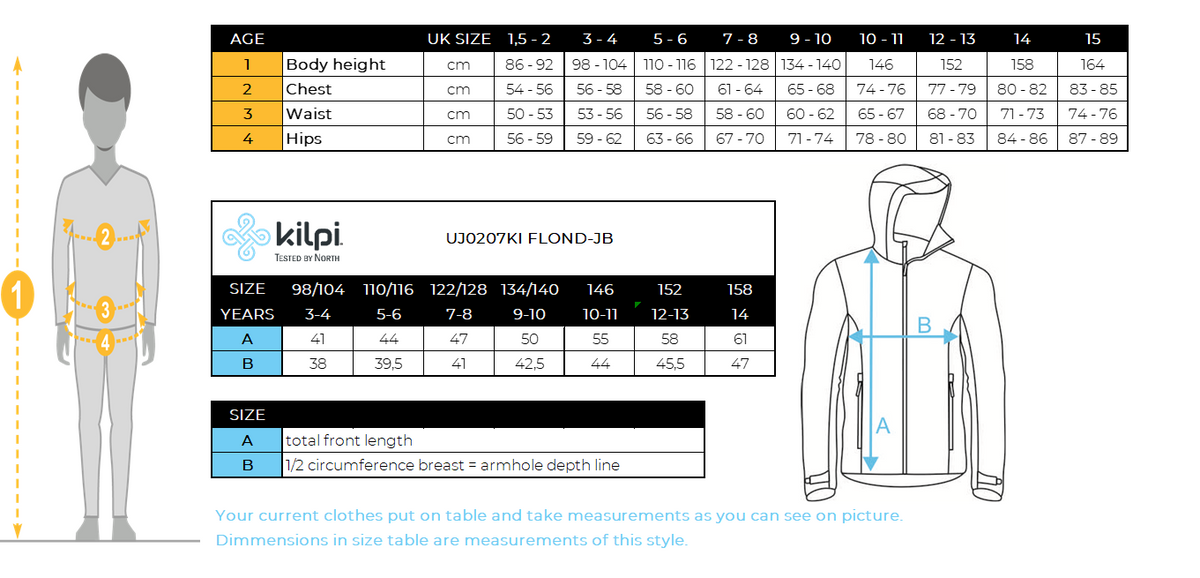 Kinder-Fleece-Hoodie Kilpi FLOND-JB – Größentabelle