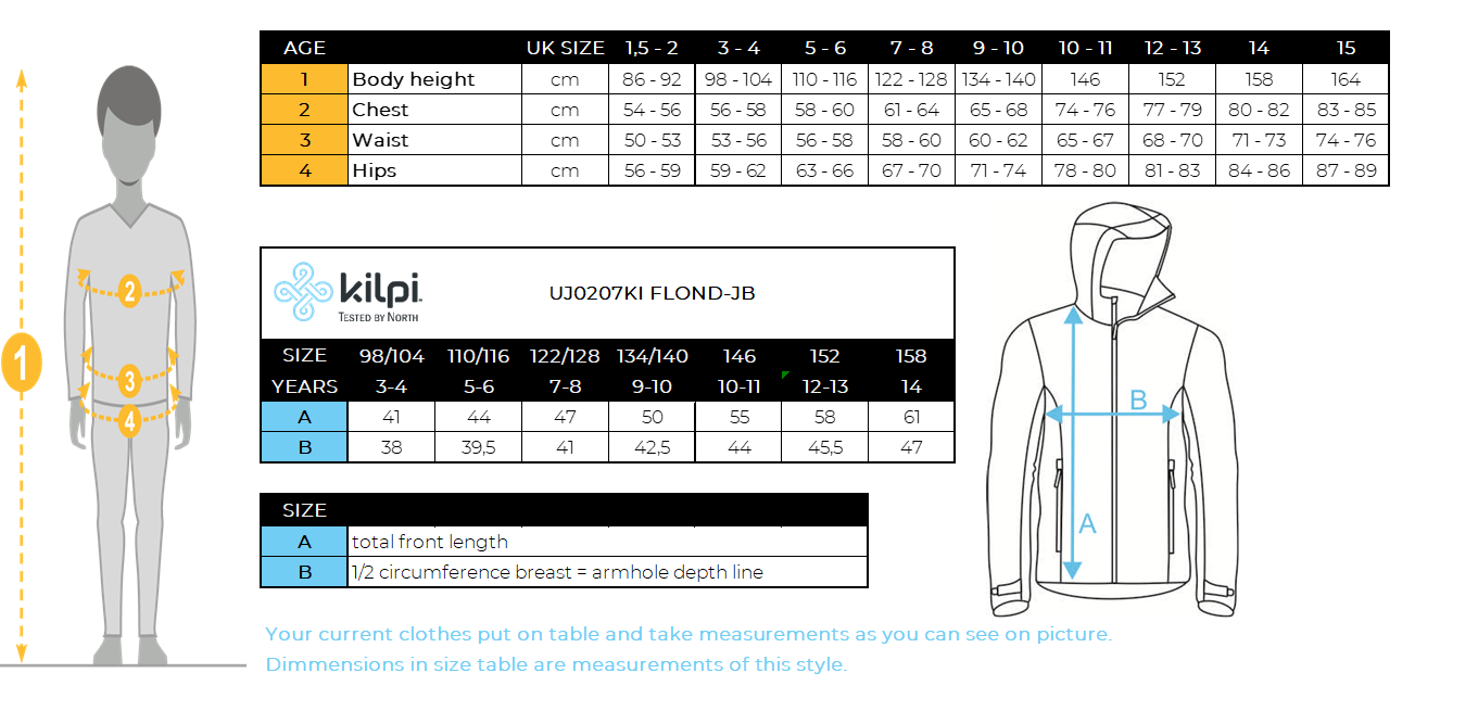 Kinder-Fleece-Hoodie Kilpi FLOND-JB – Größentabelle