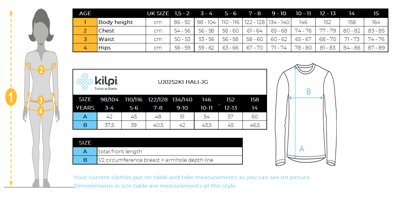 Girl´s cotton sweatshirt KILPI HALI-JG – Size chart