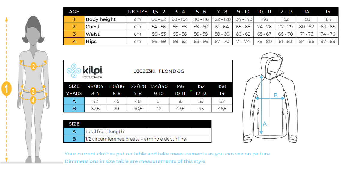 Kinder-Fleece-Hoodie Kilpi FLOND-JG – Größentabelle