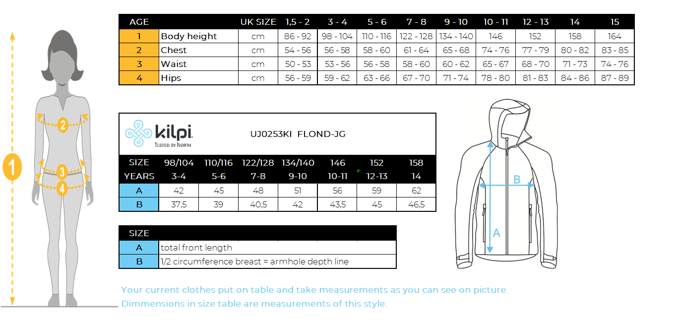 Kinder-Fleece-Hoodie Kilpi FLOND-JG – Größentabelle