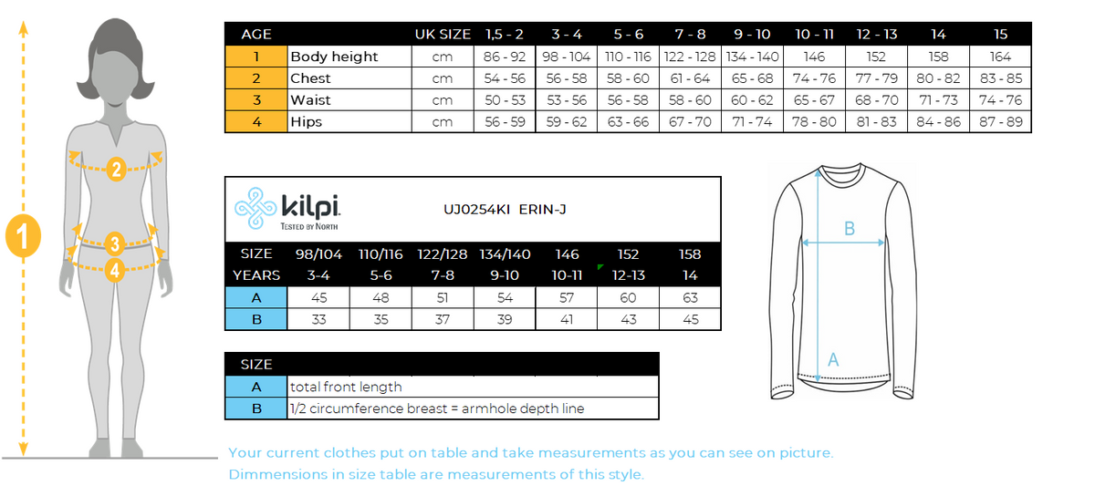 Haarige Fleece-Mittelschicht für Kinder Kilpi ERIN-J – Größentabelle