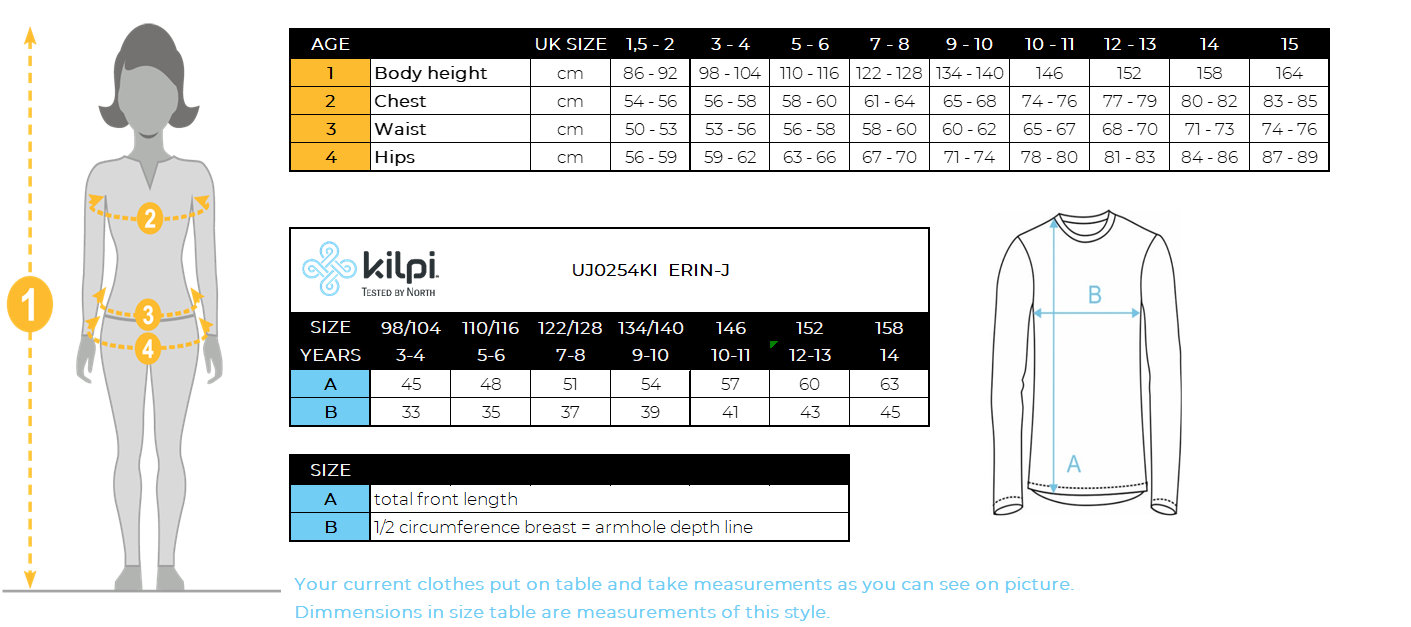 Haarige Fleece-Mittelschicht für Kinder Kilpi ERIN-J – Größentabelle