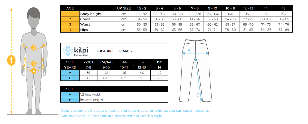 Kinderskihose Kilpi MIMAS-J – Größentabelle