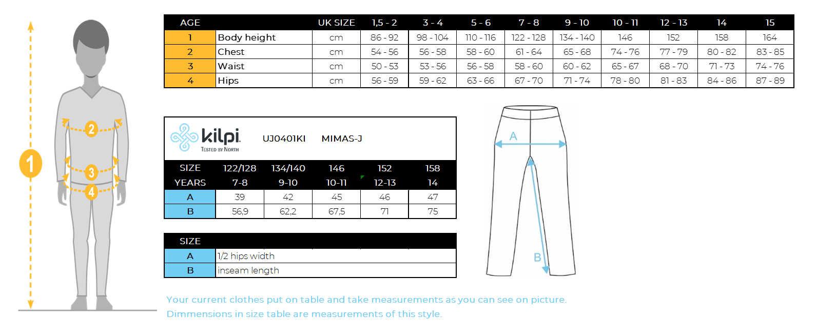 Kinderskihose Kilpi MIMAS-J – Größentabelle