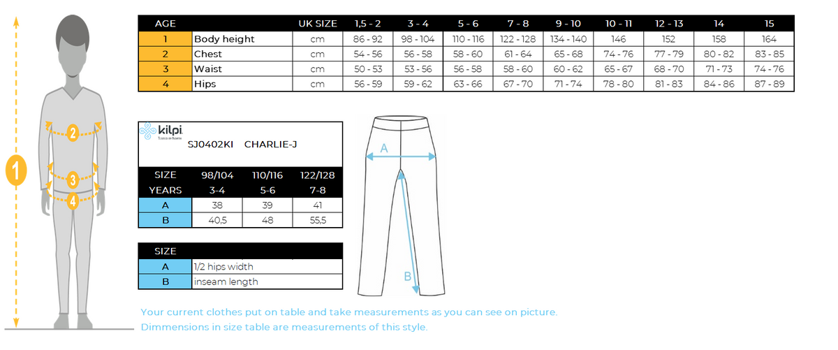 Kinderskihose Kilpi CHARLIE-J – Größentabelle