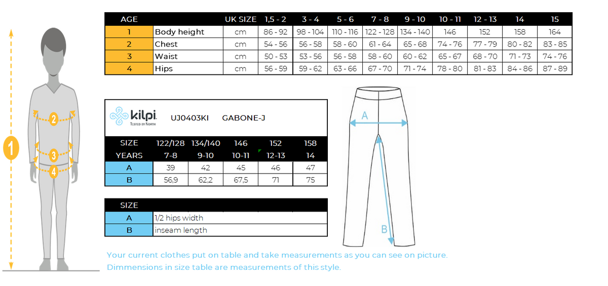 Kid´s ski pants Kilpi GABONE-J – Size chart